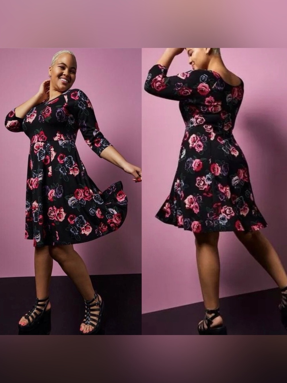 Betsey Johnson Torrid Black Floral Print Ponte Babydoll Dress